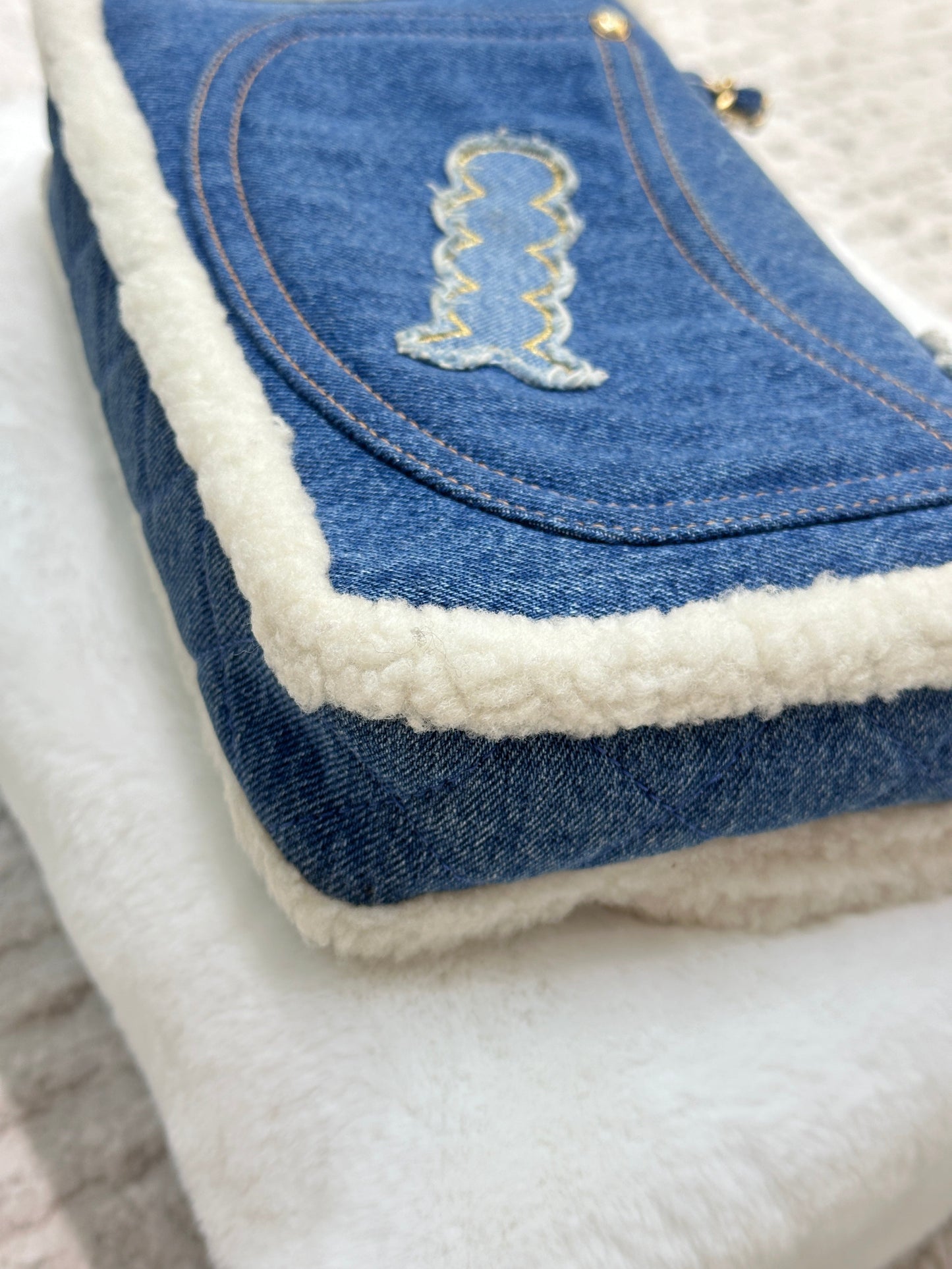 CHANEL Denim Shearling Hieroglyph Flap Blue
