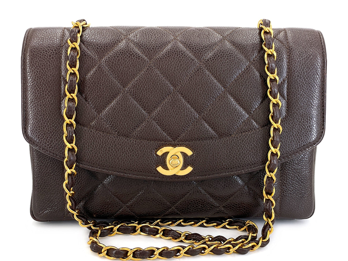 Chanel 1997 Vintage Brown Caviar Medium Diana Flap Bag 24k GHW 2C4