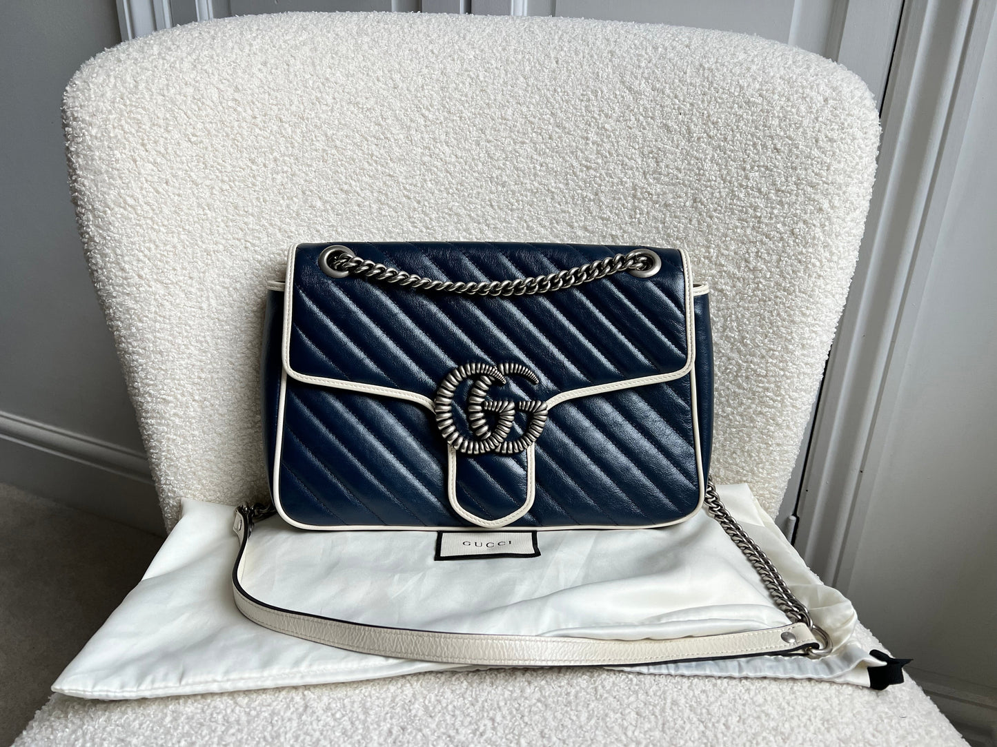Gucci GG Navy and White Torchon Marmont Medium Shoulder Bag (RRP £2000)