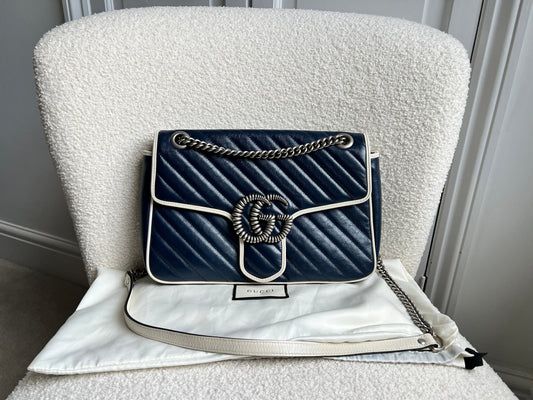 Gucci GG Navy and White Torchon Marmont Medium Shoulder Bag (RRP £2000)