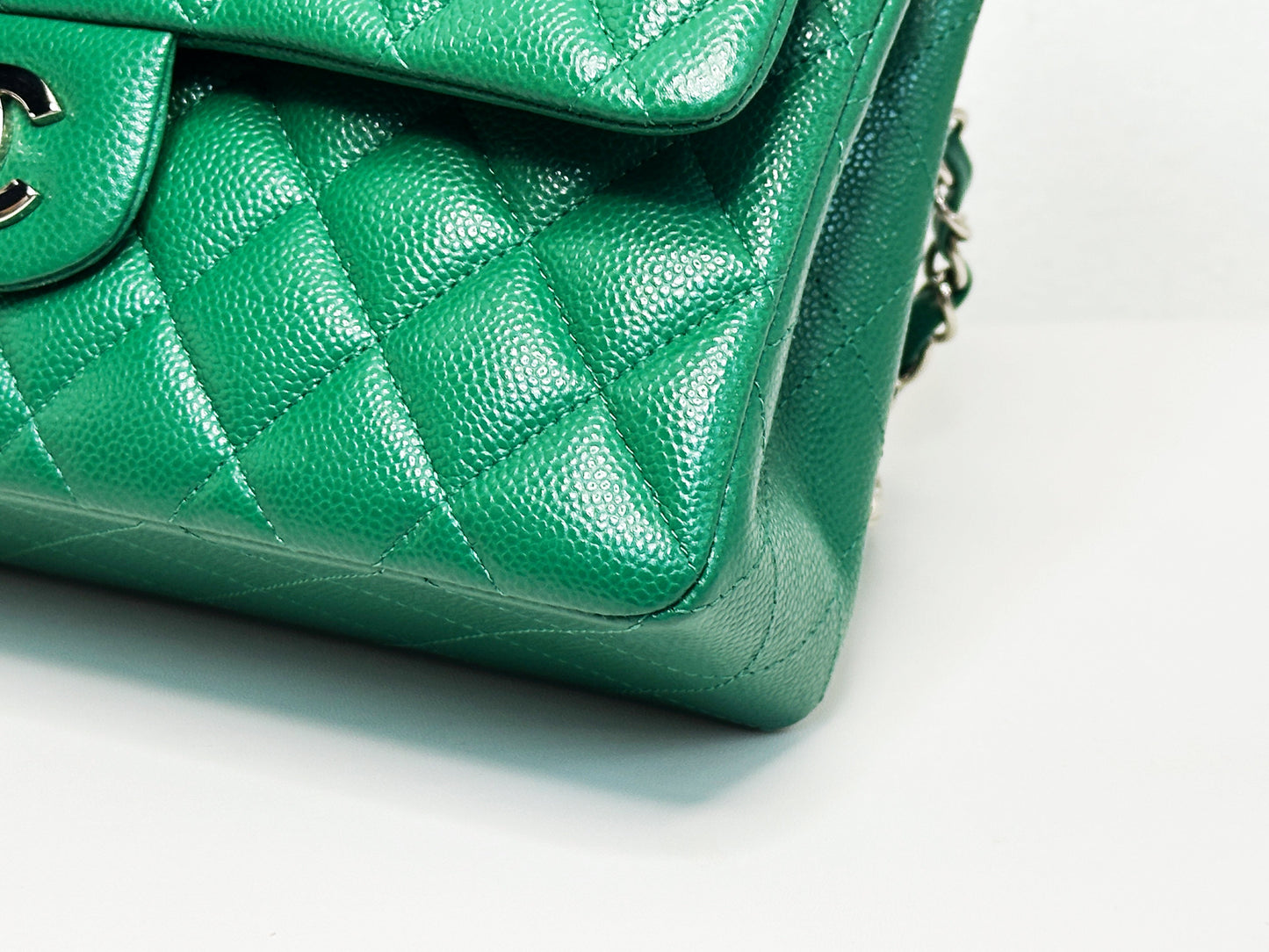 CHANEL 20B Green Classic Small Double Flap Bag SHW 3050 holo card