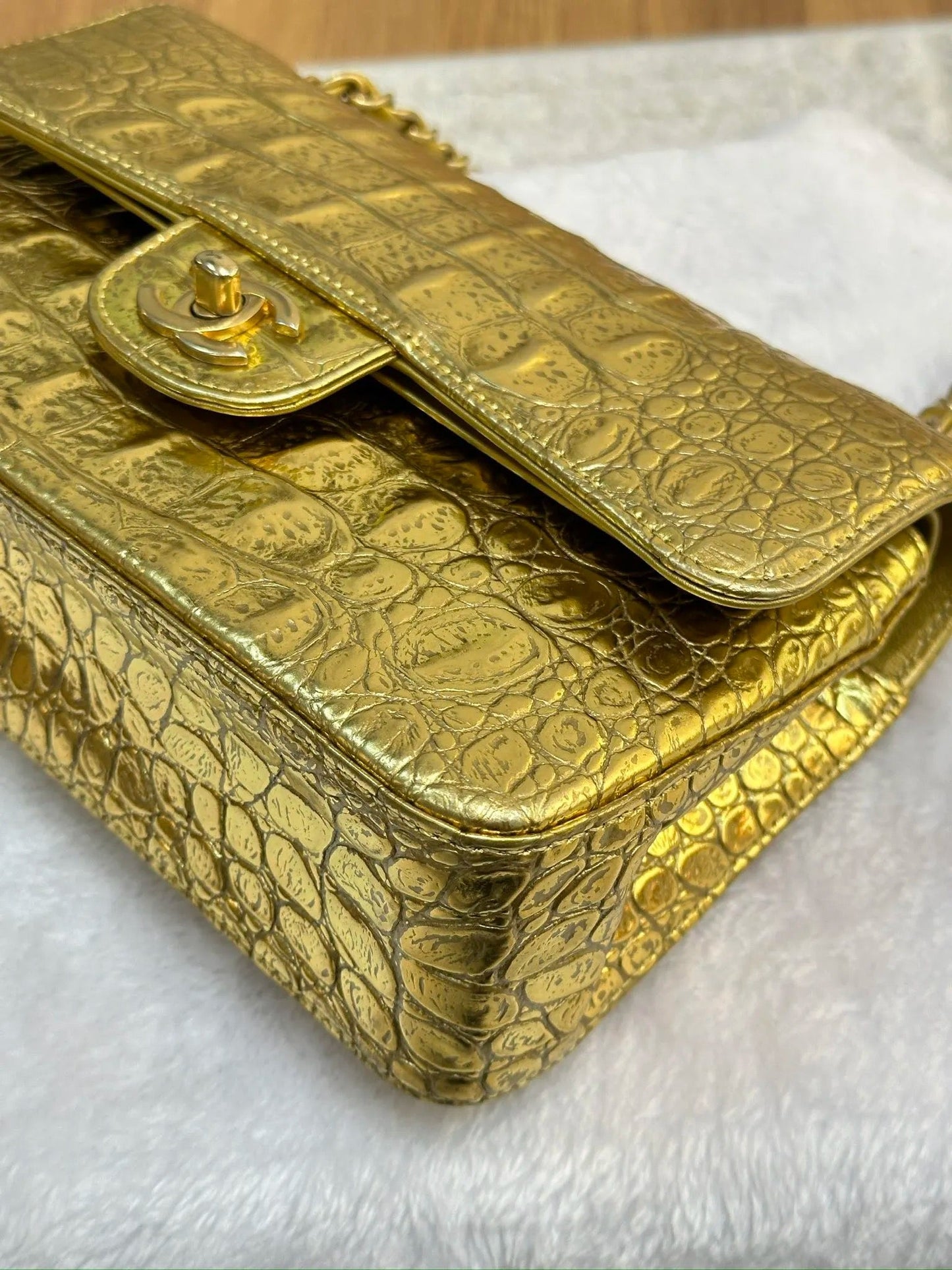 Chanel Medium  Calfskin Crocodile Embossed  Gold Metallic Flap Bag