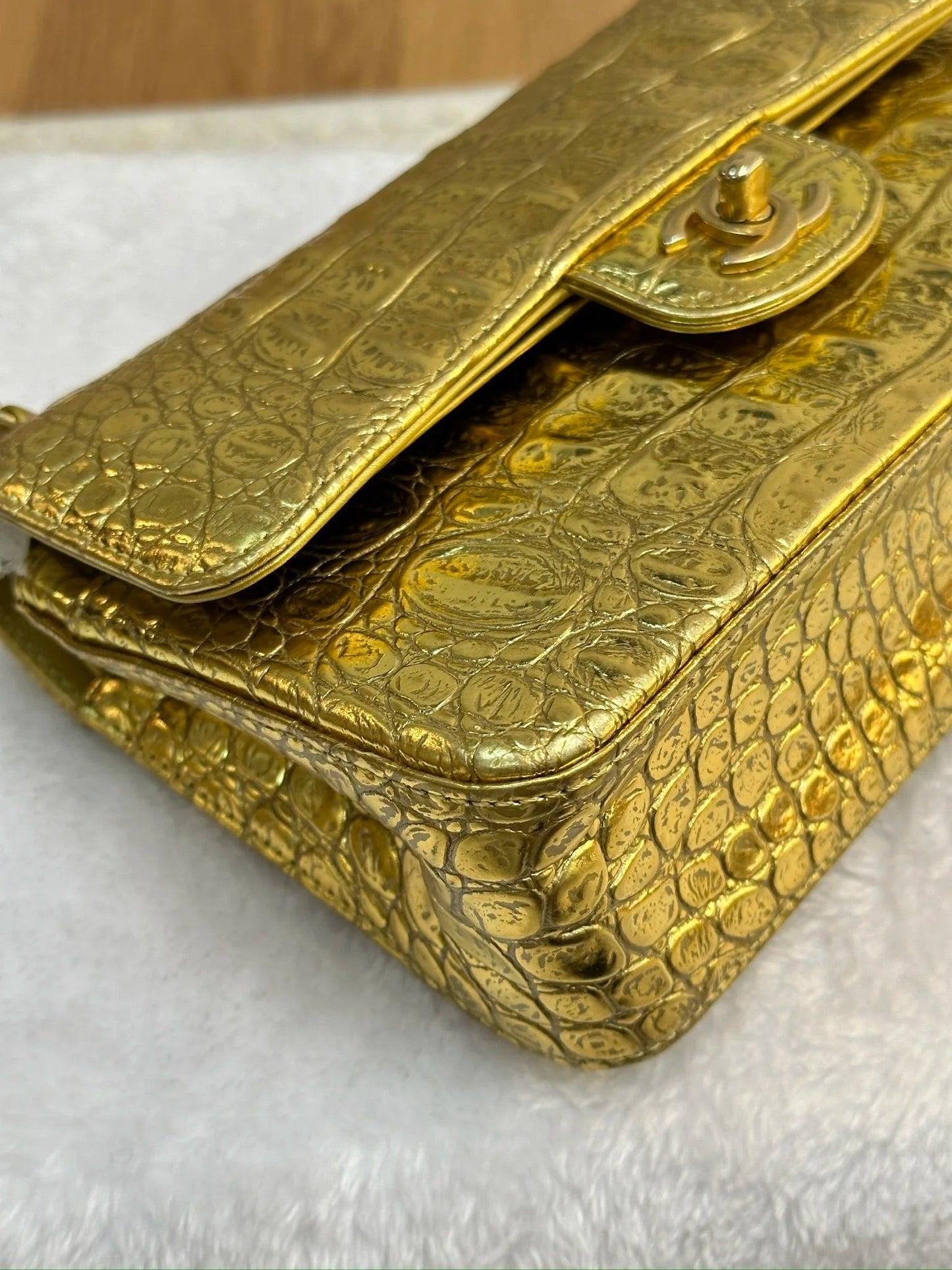 Chanel Medium  Calfskin Crocodile Embossed  Gold Metallic Flap Bag