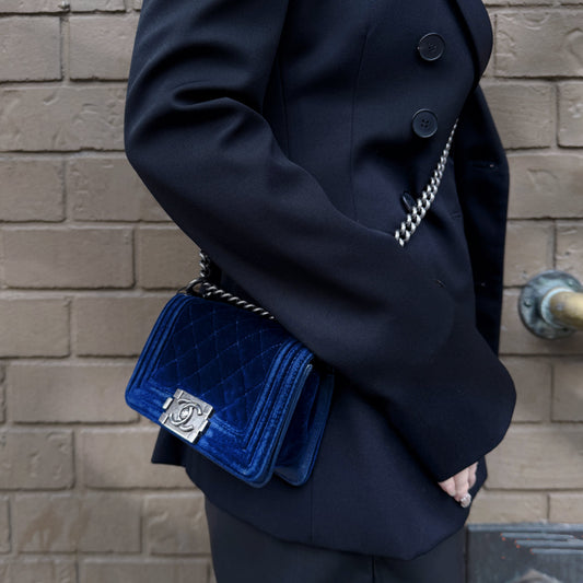 Chanel Navy Blue Velvet Mini Le Boy Bag
