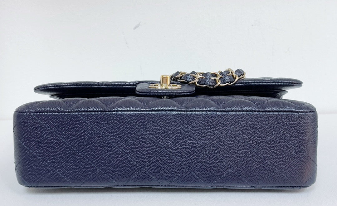 Chanel Medium Classic Caviar Double Flap Navy Blue Bag LSHW  2021year Microchip