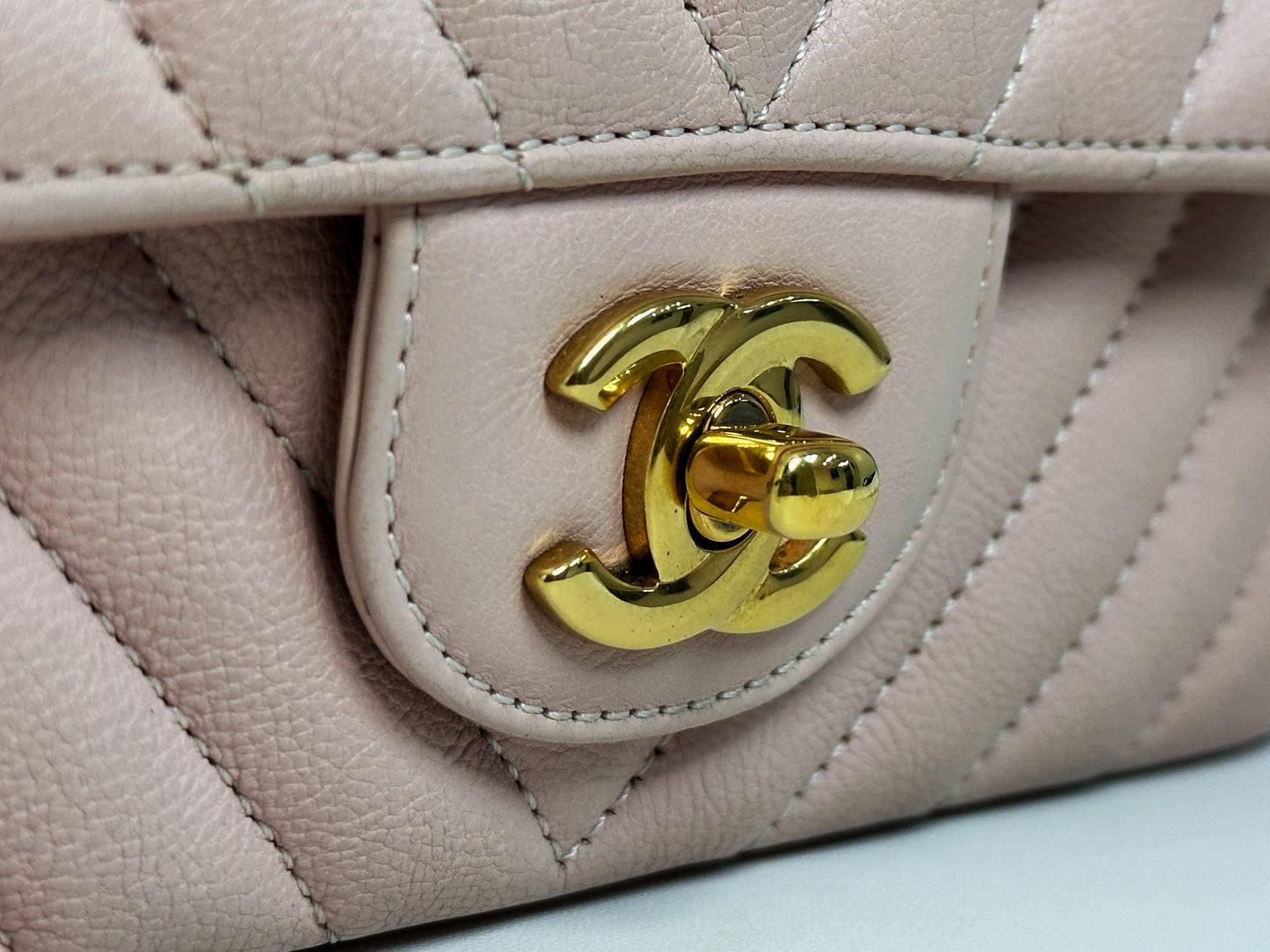 Chanel Classic Mini Rectangular 17C Light Pink Chevron Calfskin with brushed gold hardware ⁣⁣2383 holo card