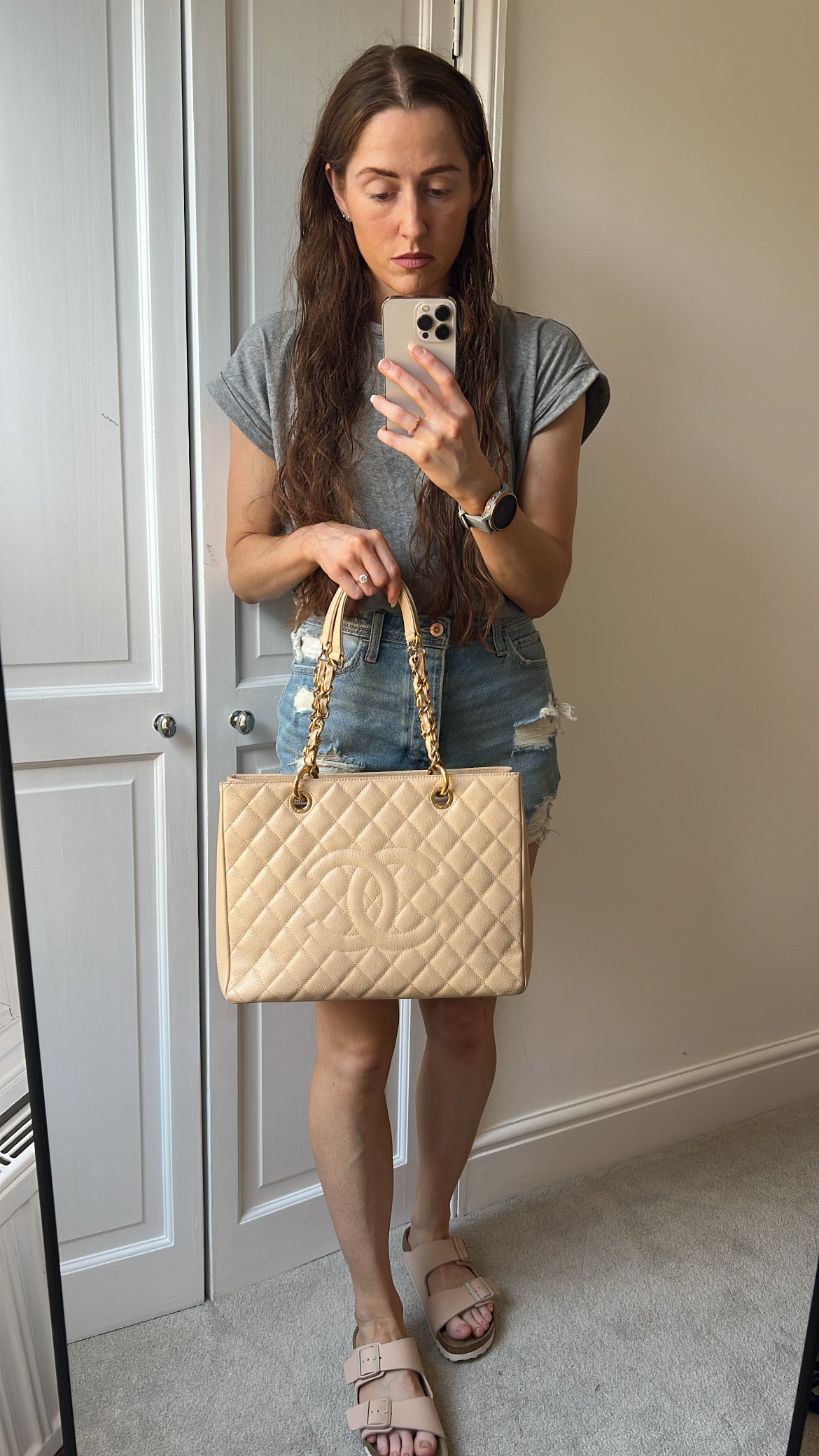 Chanel Beige Caviar Grand Shopper Tote gold hardware (GST)