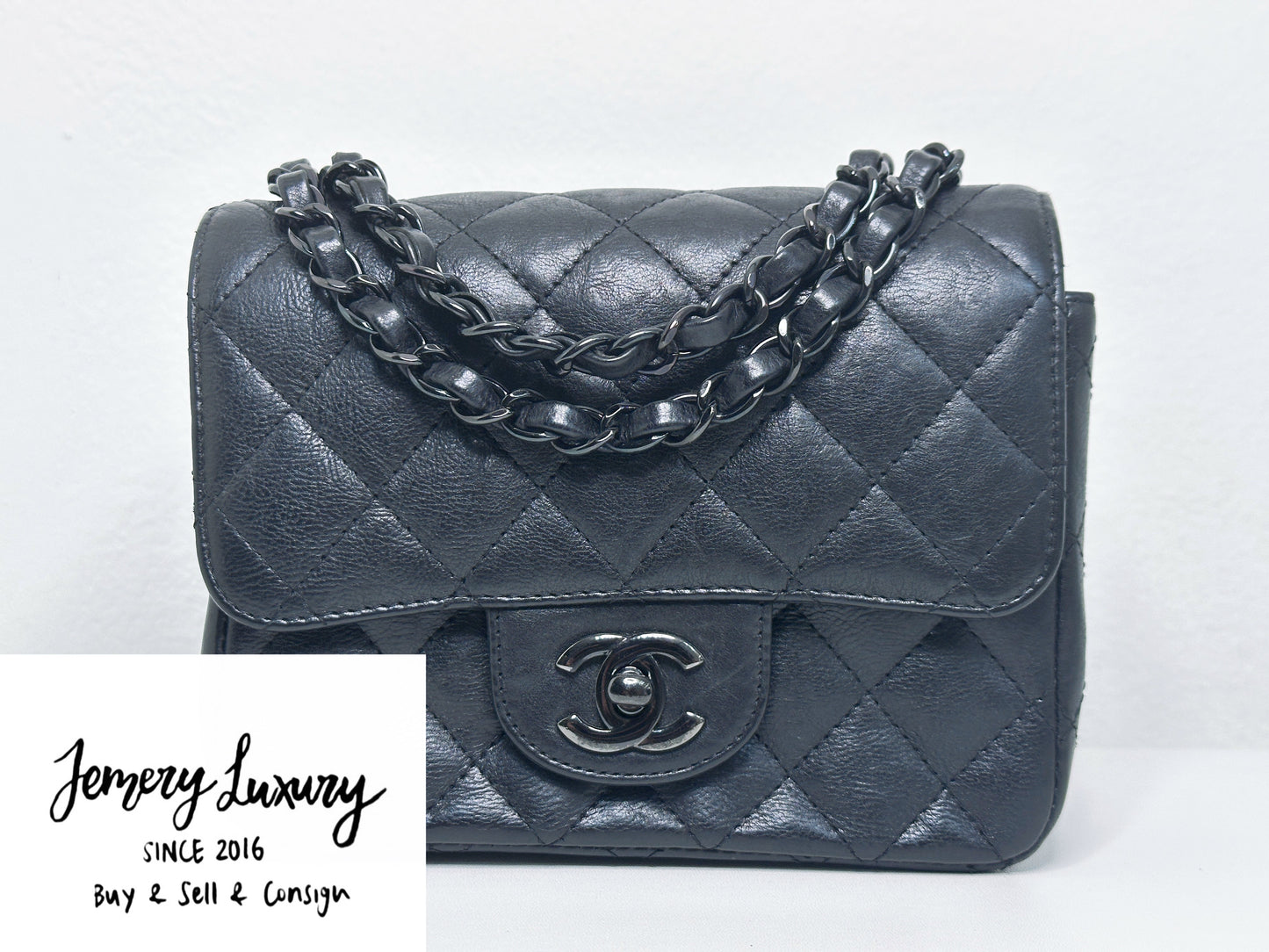 Chanel Quilted Mini Square Flap So Black Crumpled Calfskin 2417 holo card