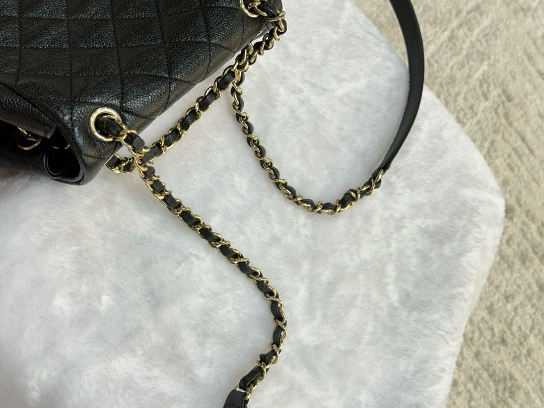 Chanel 23P Small Shiny Caviar Quilted Duma Pockets Drawstring Backpack Black GHW