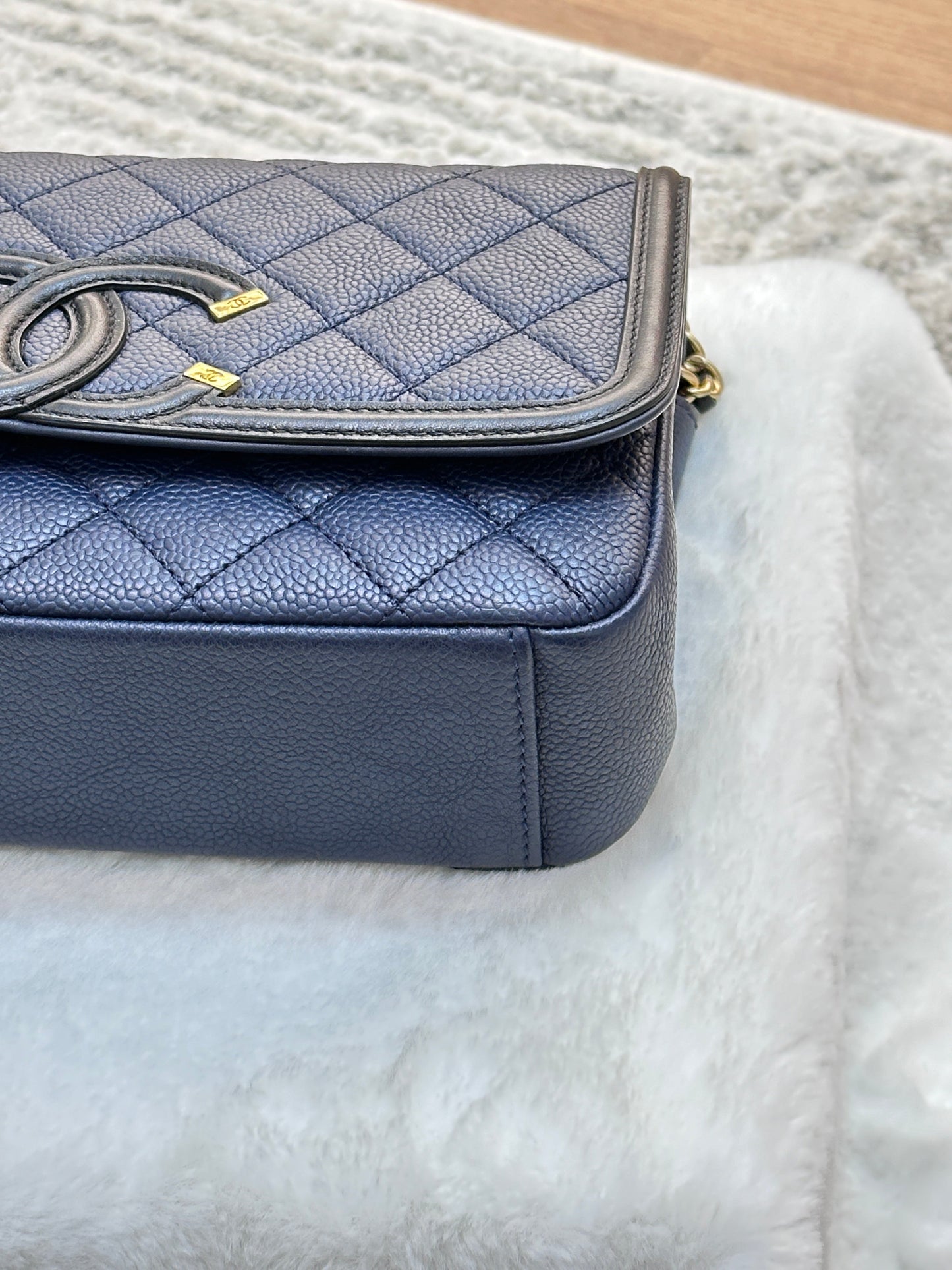 Chanel Caviar Quilted Small CC Filigree Flap Navy Black