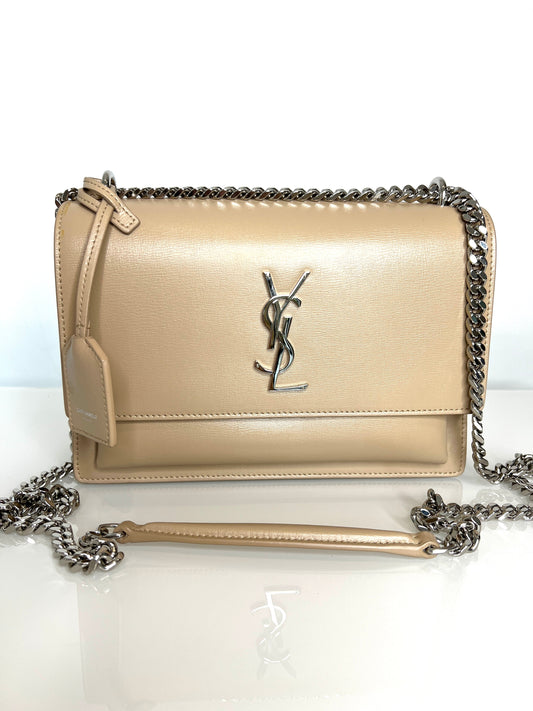Saint Laurent YSL Sunset Medium Beige Chain Crossbody Shoulder Bag