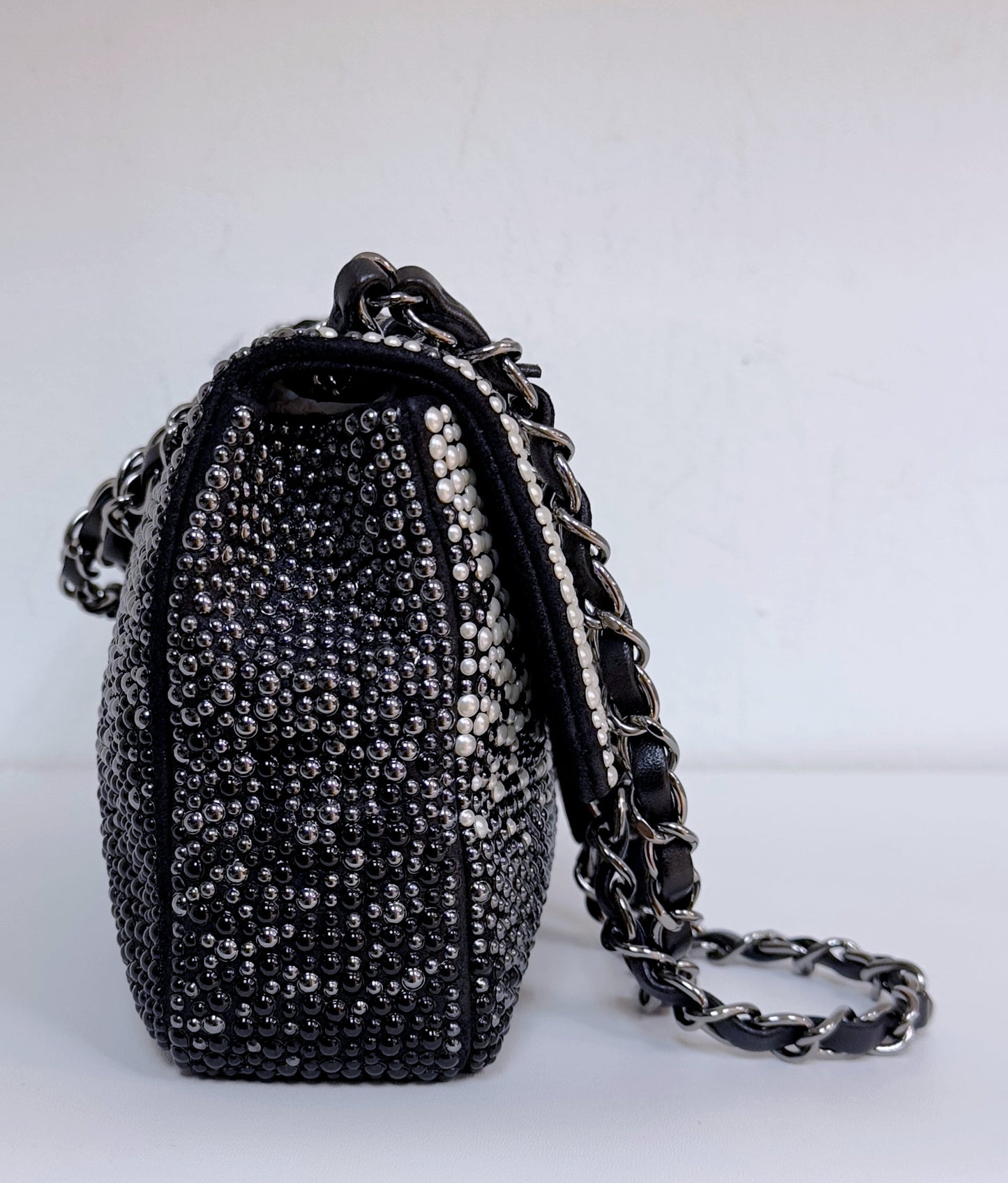 White, Grey and Black Imitation Pearls and Beads and Calfskin Embellished CC MiniClassic Single Flap Ruthenium Hardware, 2014