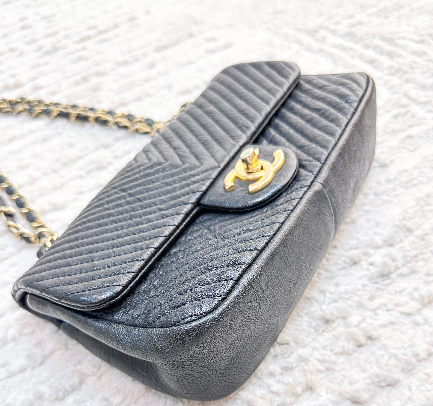Chanel Black Chevron Leather Small Classic Flap Bag