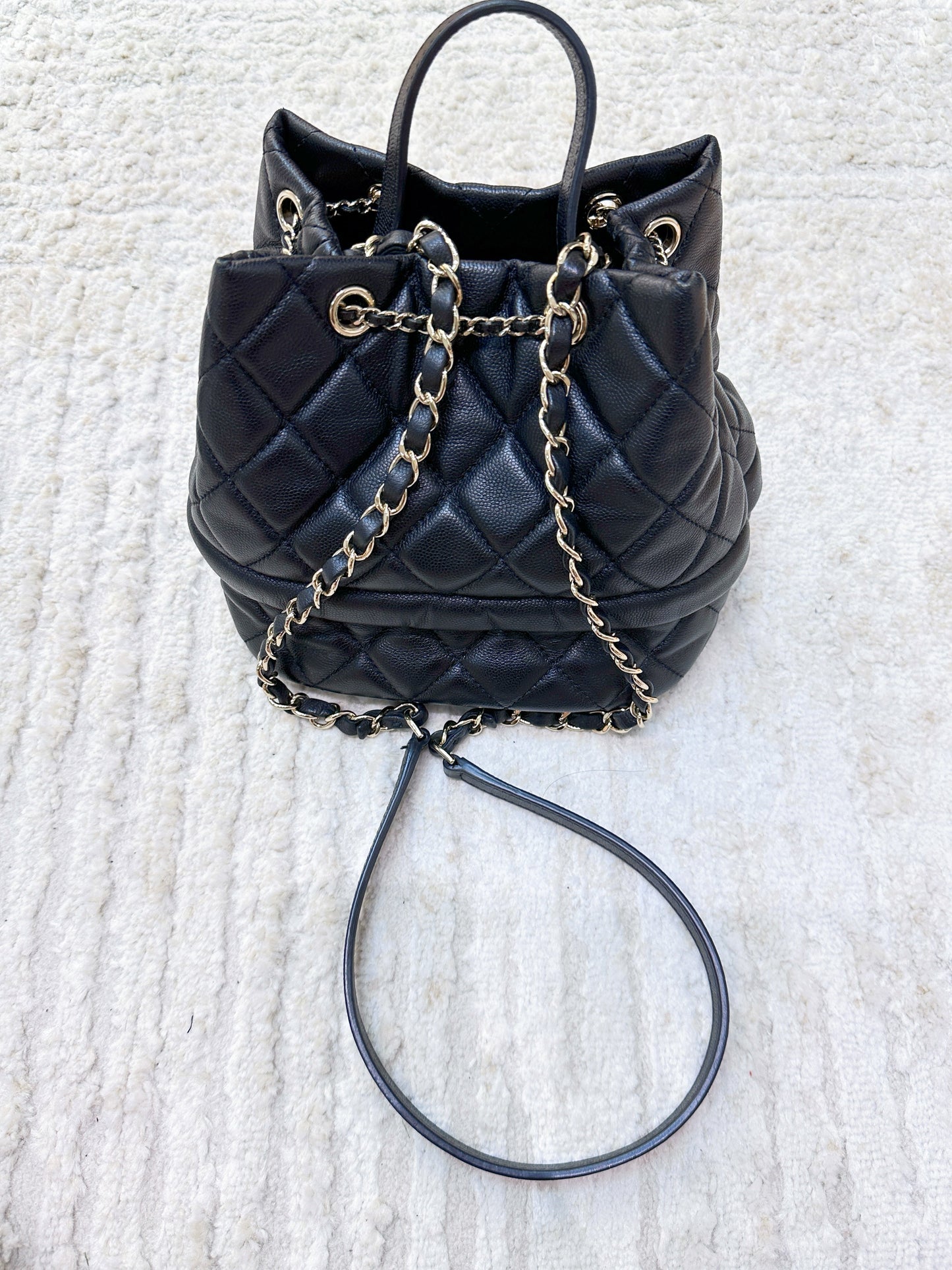 CHANEL Caviar Quilted Rolled Up Bucket Drawstring Bag Black