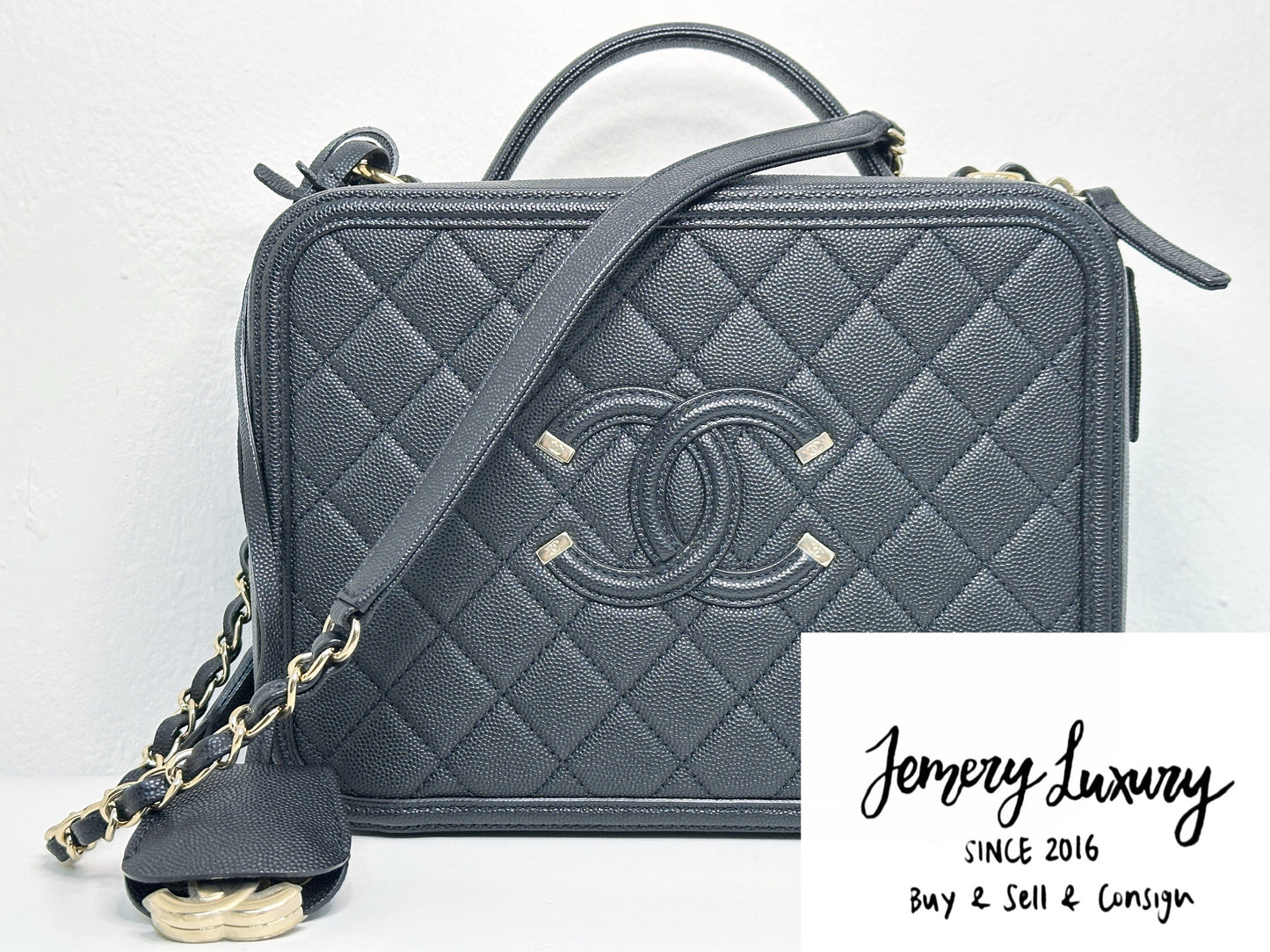 Chanel Filigree Large Black Vanity Case Bag in Caviar Leather GHW