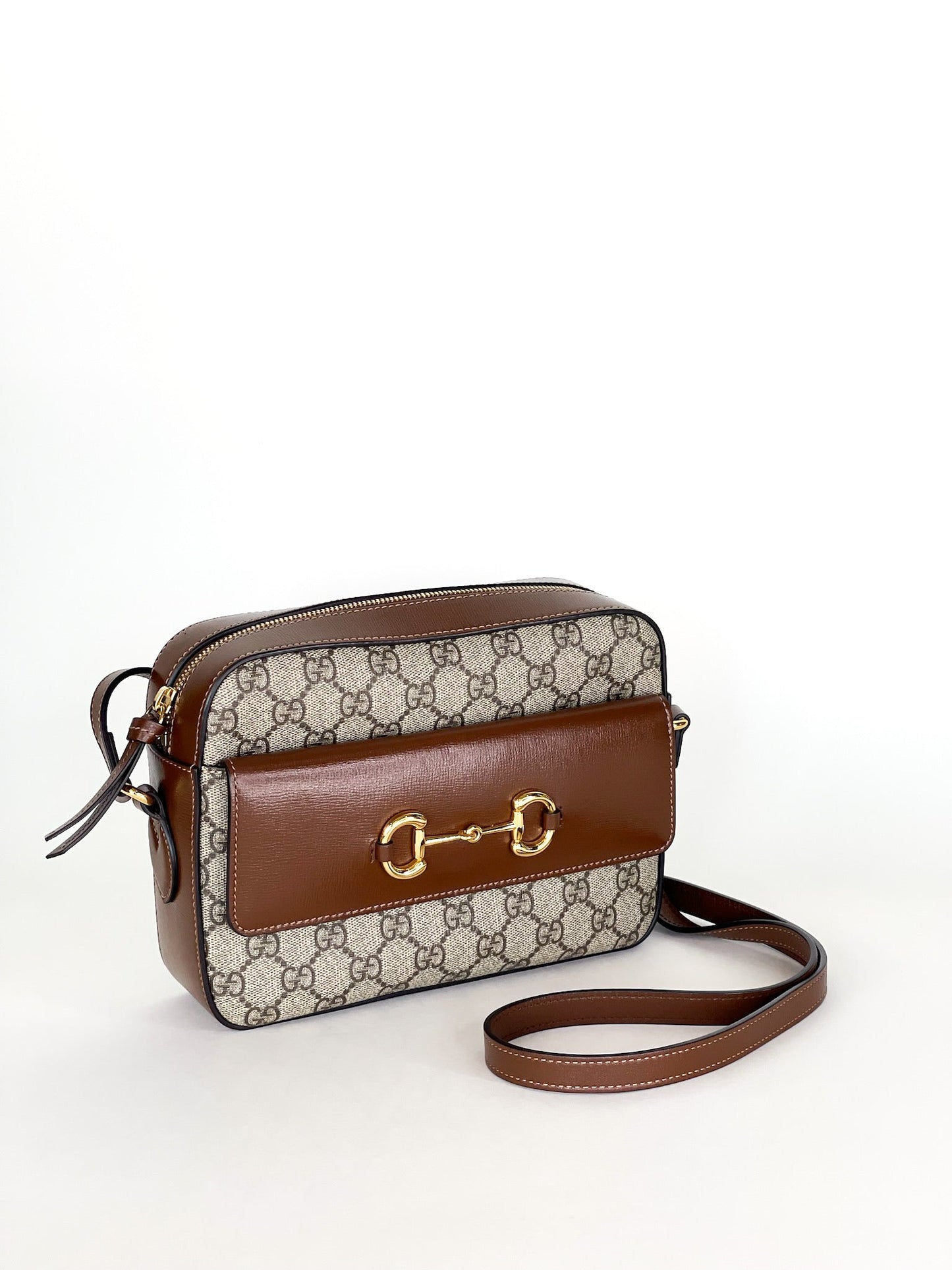 Gucci  Small Horsebit Beige/Brown GG Supreme Canvas and Leather Shoulder Bag