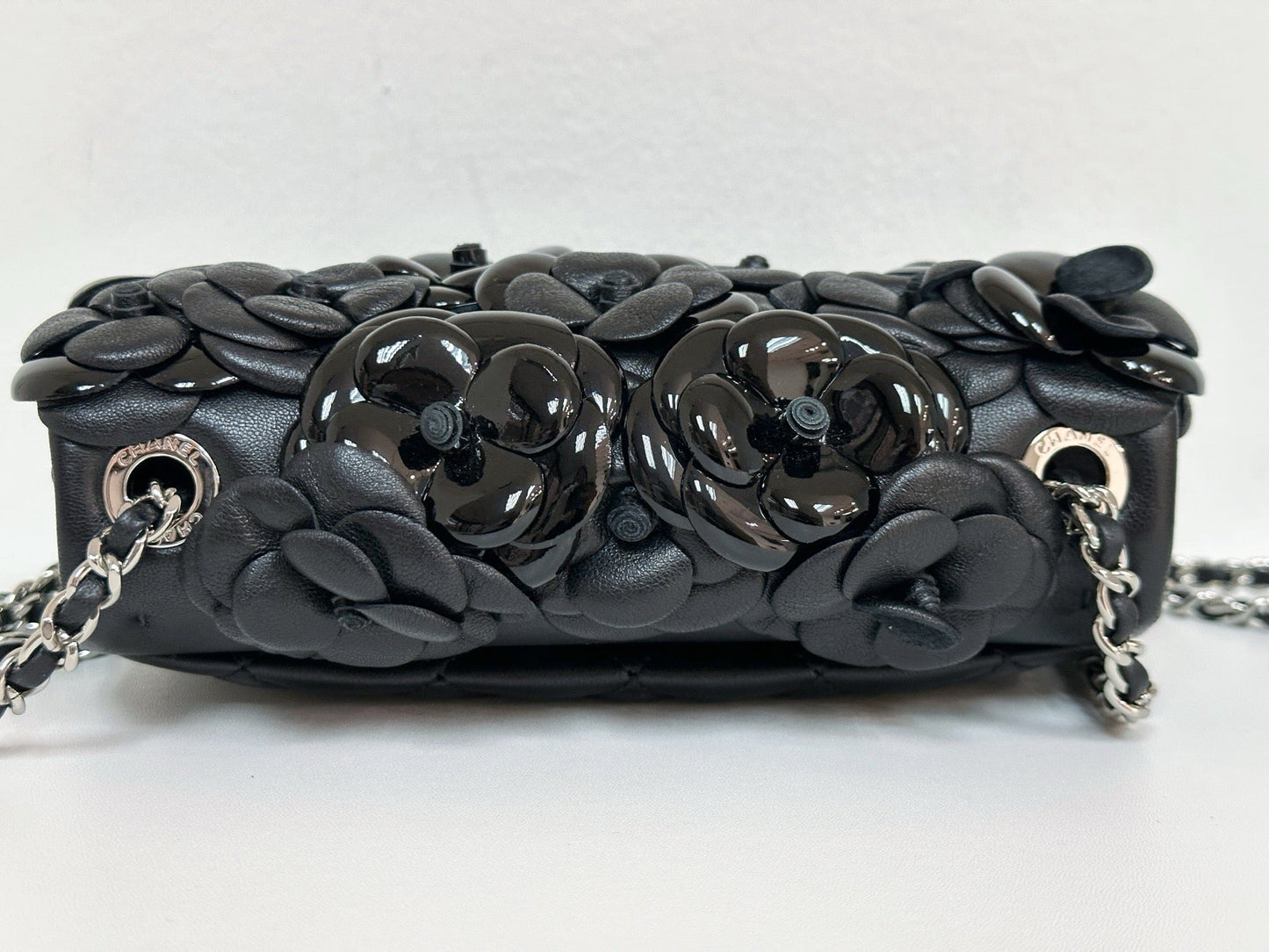 CHANEL Camellia Lambskin Patent Around Flap Crossbody Bag holo card 2246