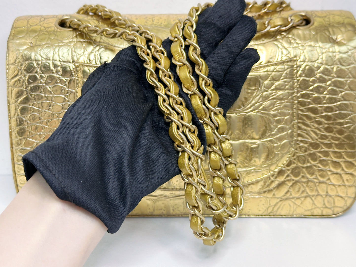 Chanel 19A Medium Calfskin Crocodile Embossed Gold Metallic Flap Bag 2803 holo card