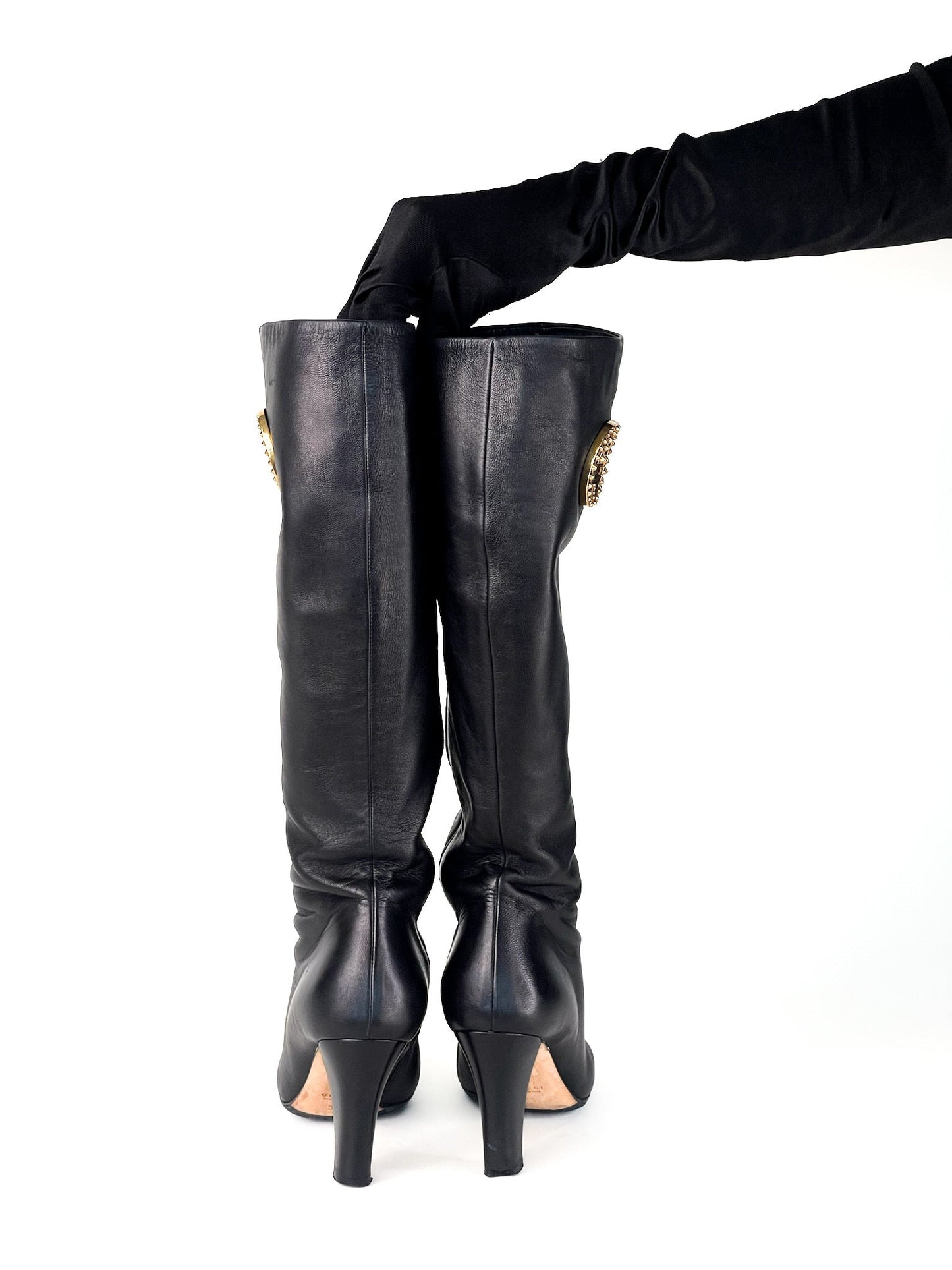 Gucci Black Leather Interlocking G Knee Length Boots Size 35