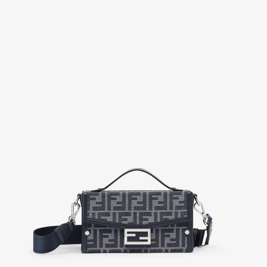 FENDI FF BLUE JACQUARD AND LEATHER SOFT TRUNK BAGUETTE BAG