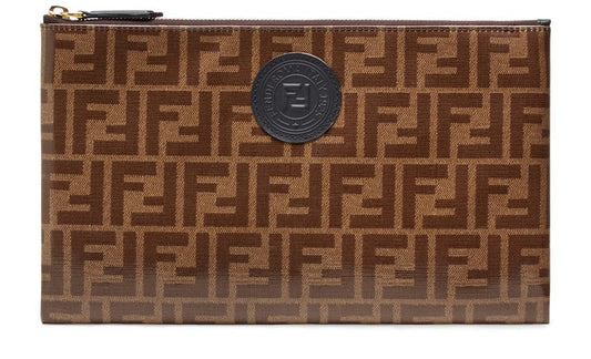 FENDI FF LOGO ZUCCA COATED CANVAS & LEATHER POUCH