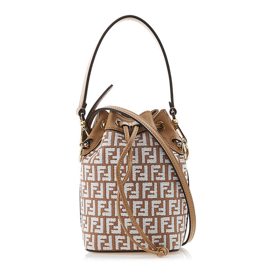 FENDI MINI MON TRESOR RAFFIA & LEATHER BUCKET BAG