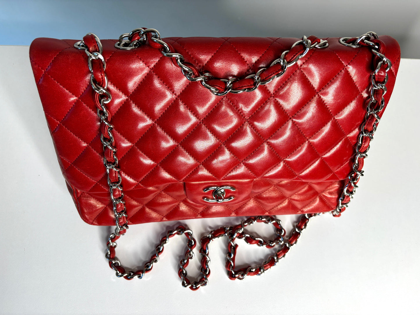 RESERVED  for 24 hrs - Chanel Jumbo Red Lambskin Classic Single Flap Shoulder Bag - Preloved