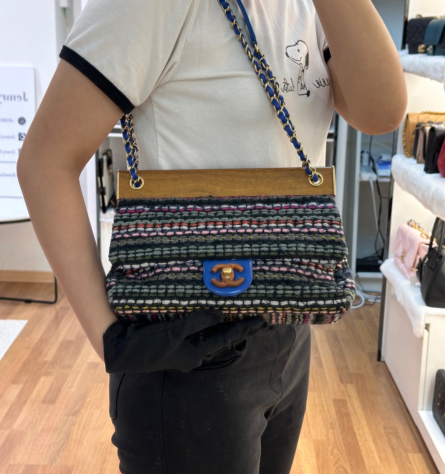 CHANEL Classic Flap Frame Knock on the Wood Tweed Shoulder Bag 2018 holo 2666