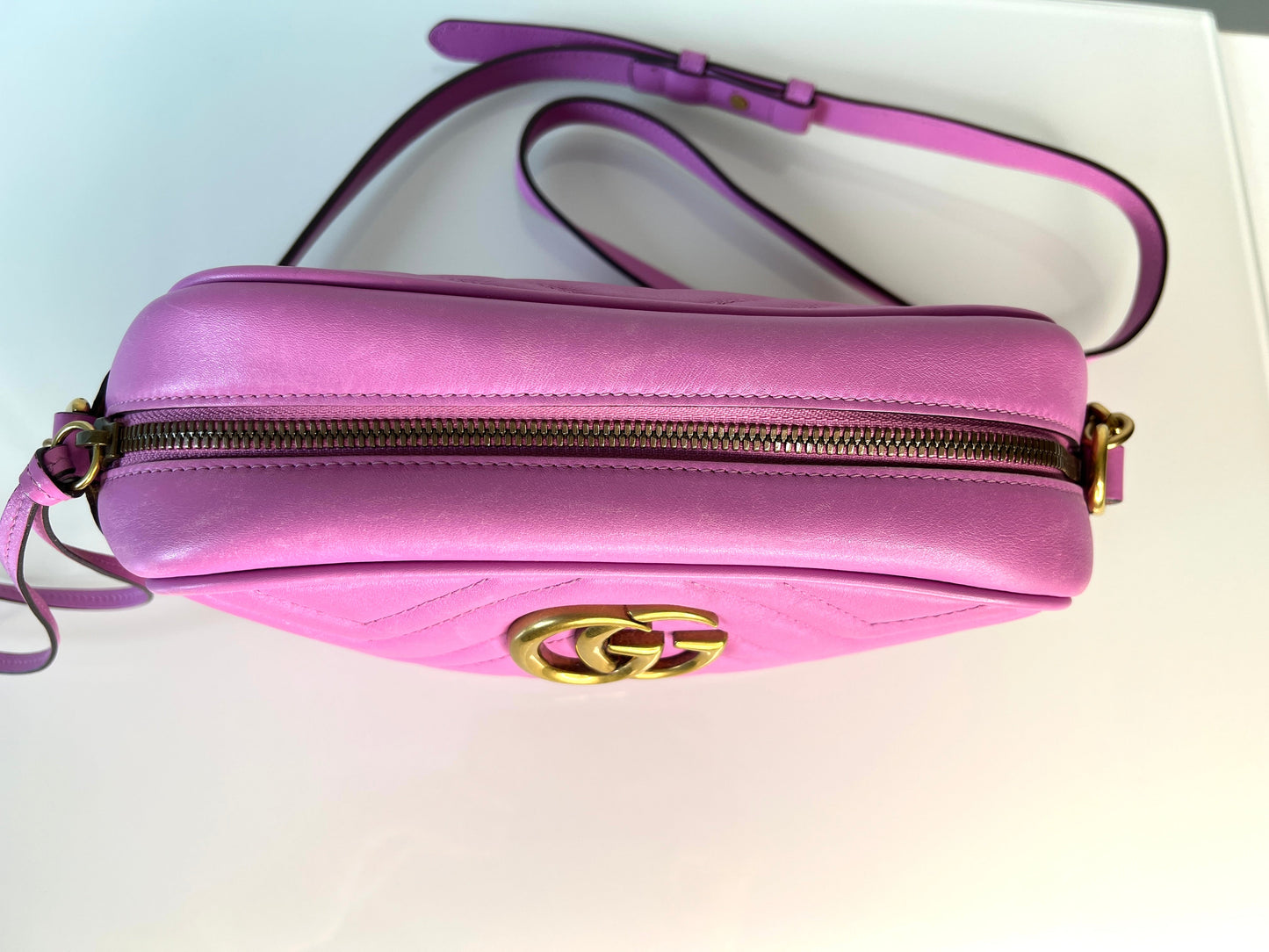 Gucci GG Marmont Small Pink Leather Camera Shoulder Bag - Preloved