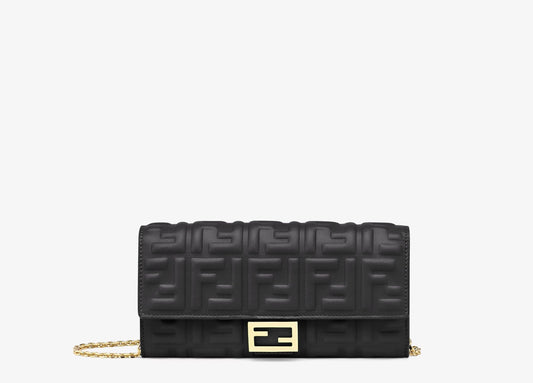 FENDI FF BAGUETTE EMBOSSED LEATHER SHOULDER BAG WALLET ON A CHAIN