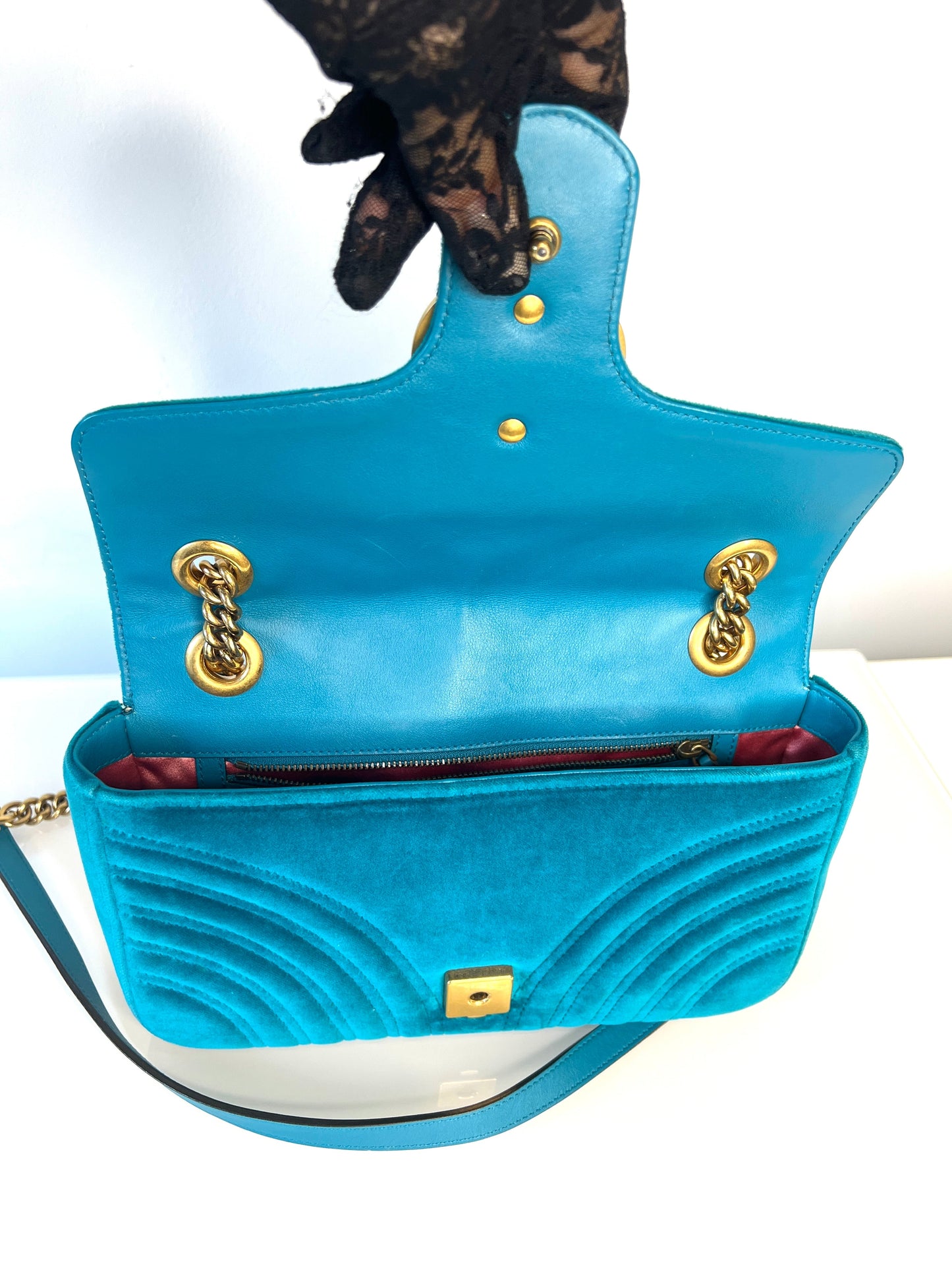 Gucci GG Marmont Small Turquoise Blue Velvet Shoulder Bag - Preloved