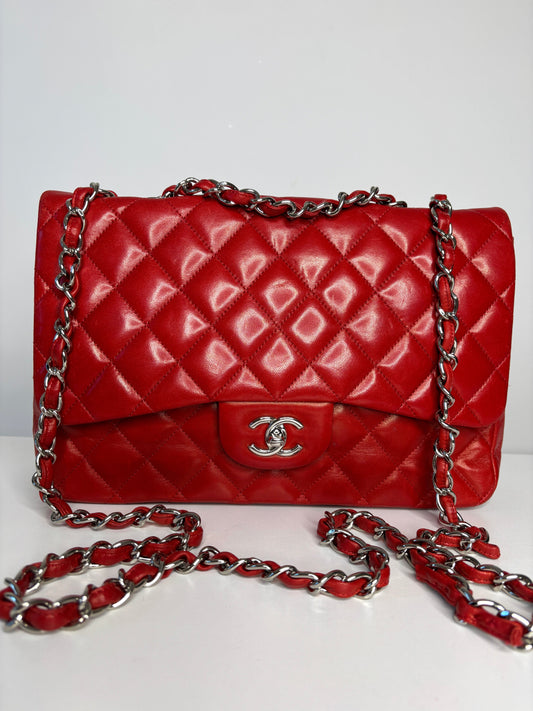 RESERVED  for 24 hrs - Chanel Jumbo Red Lambskin Classic Single Flap Shoulder Bag - Preloved