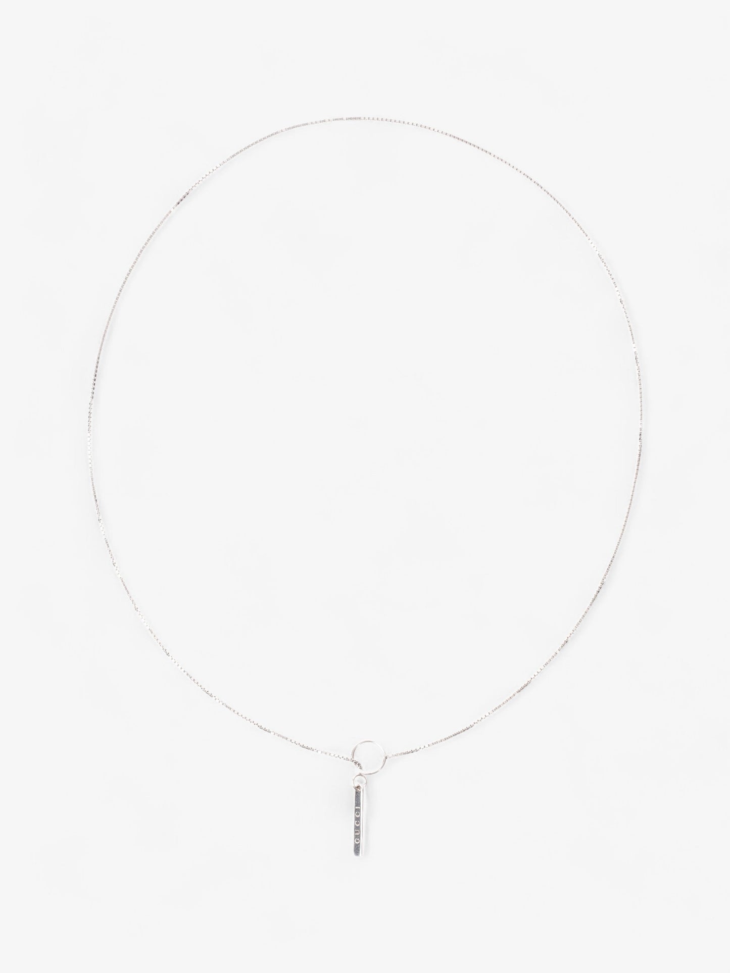 Gucci 18 Karat Bar Lariat Pendant Necklace Silver White Gold 54cm