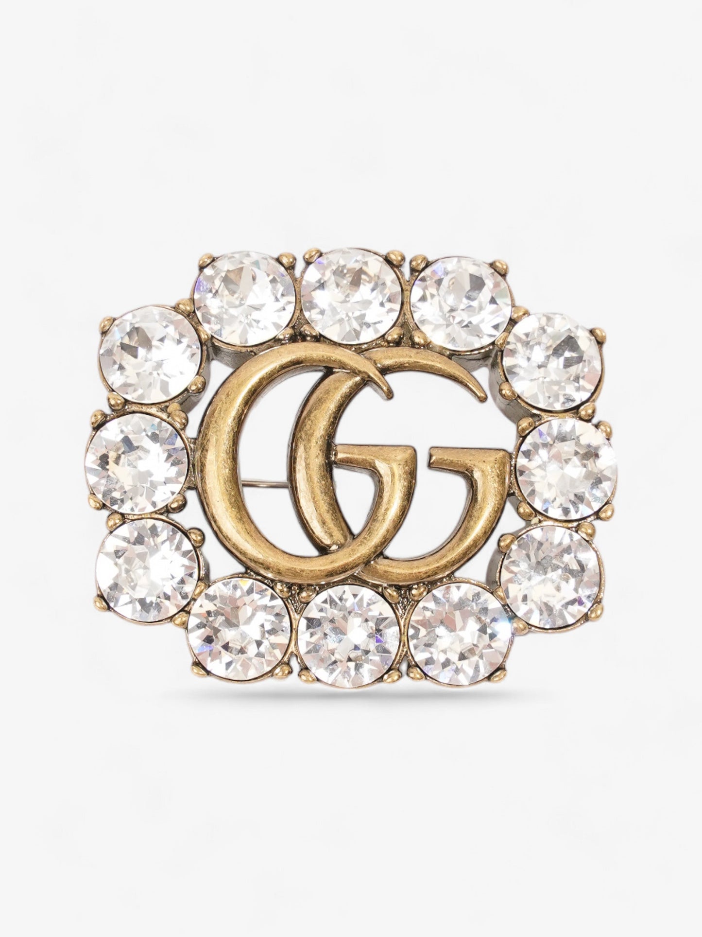 Gucci Crystal Double G Brooch Aged Gold Base Metal