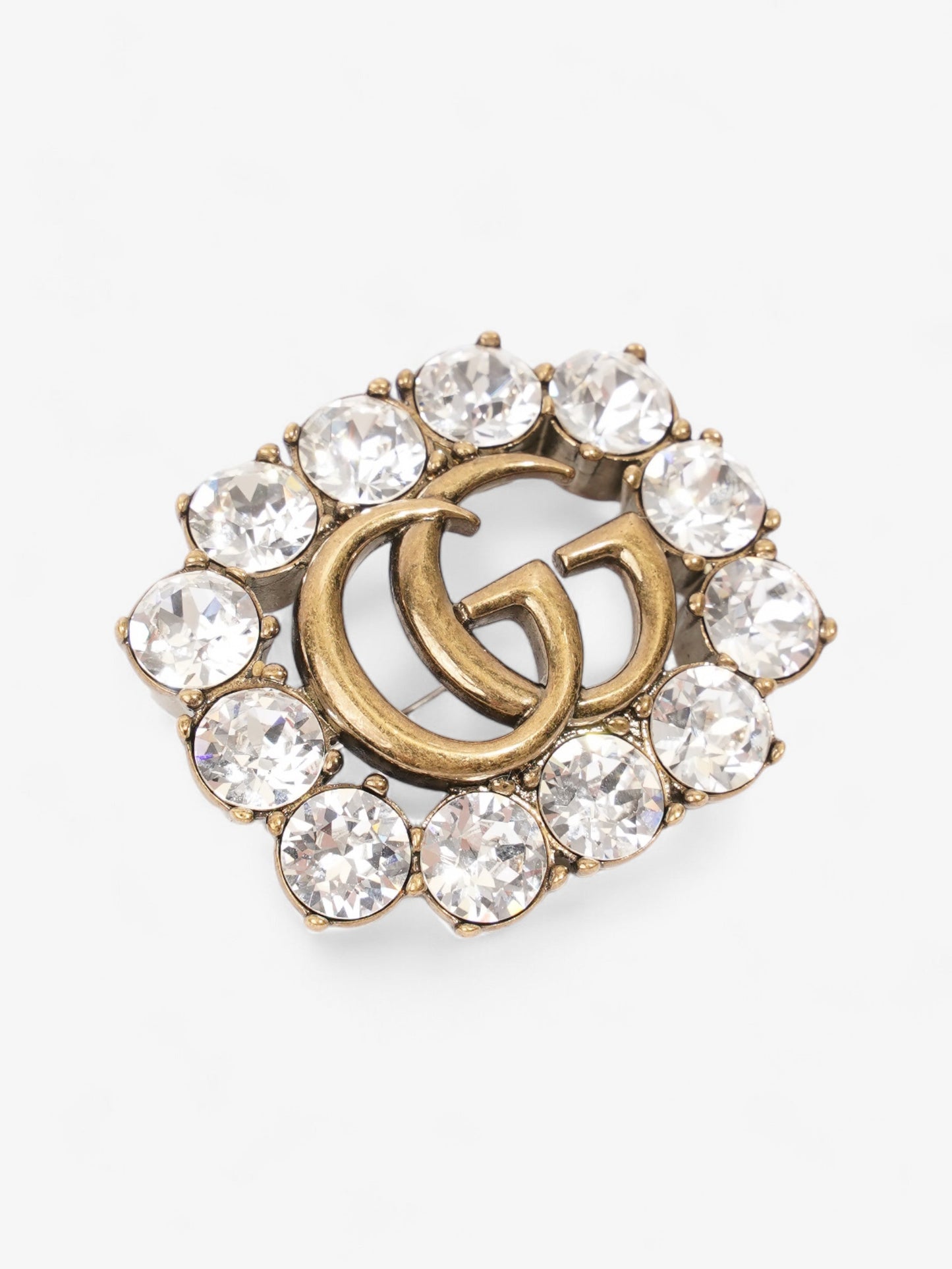 Gucci Crystal Double G Brooch Aged Gold Base Metal