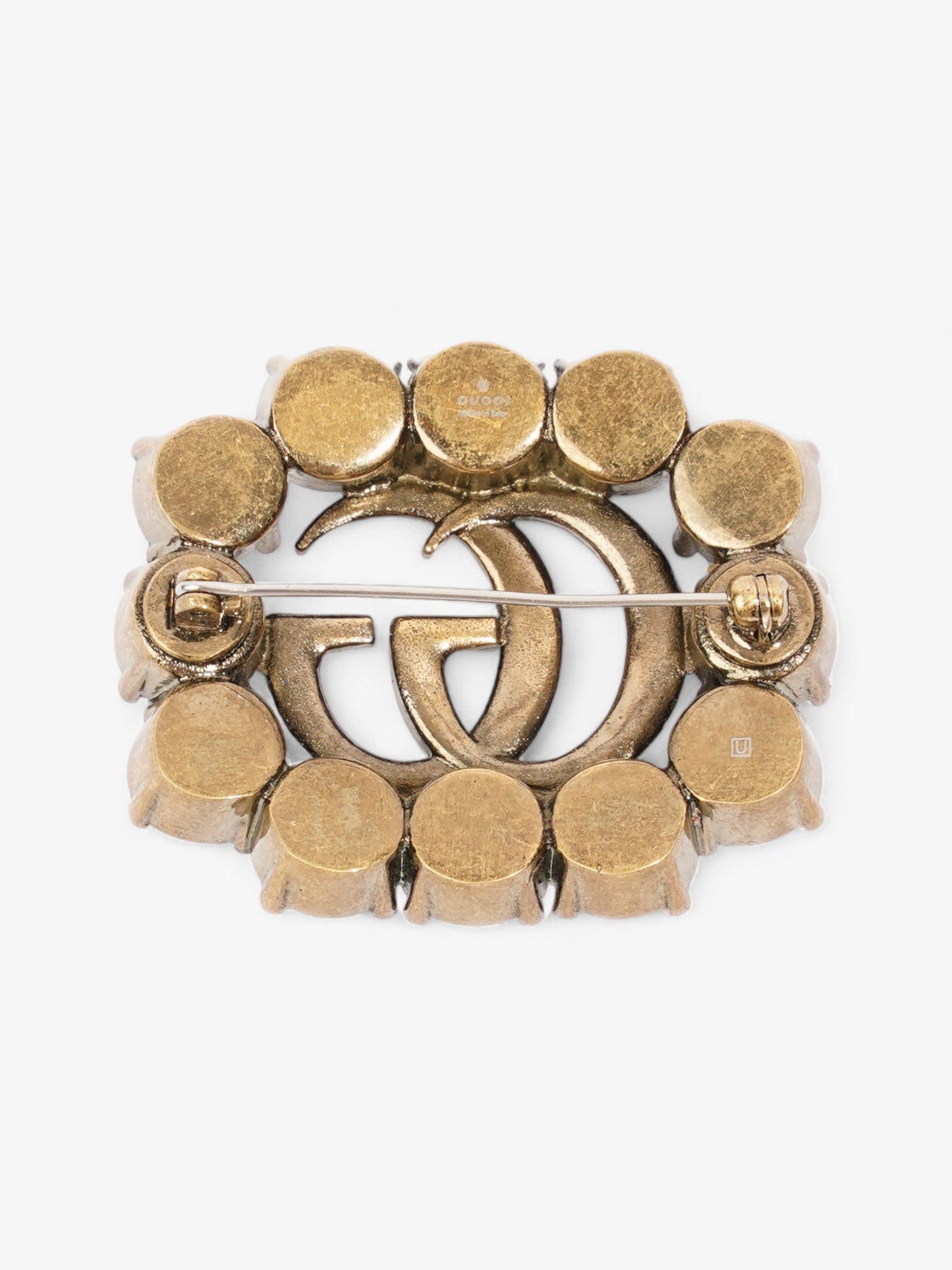 Gucci Crystal Double G Brooch Aged Gold Base Metal