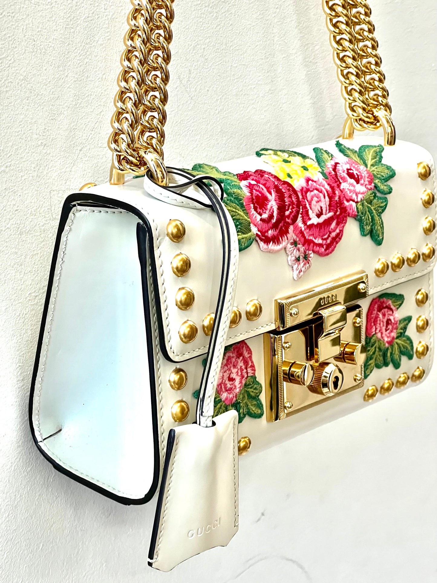 GUCCI CALFSKIN FLORAL EMBROIDERED SMALL PADLOCK SHOULDER BAG