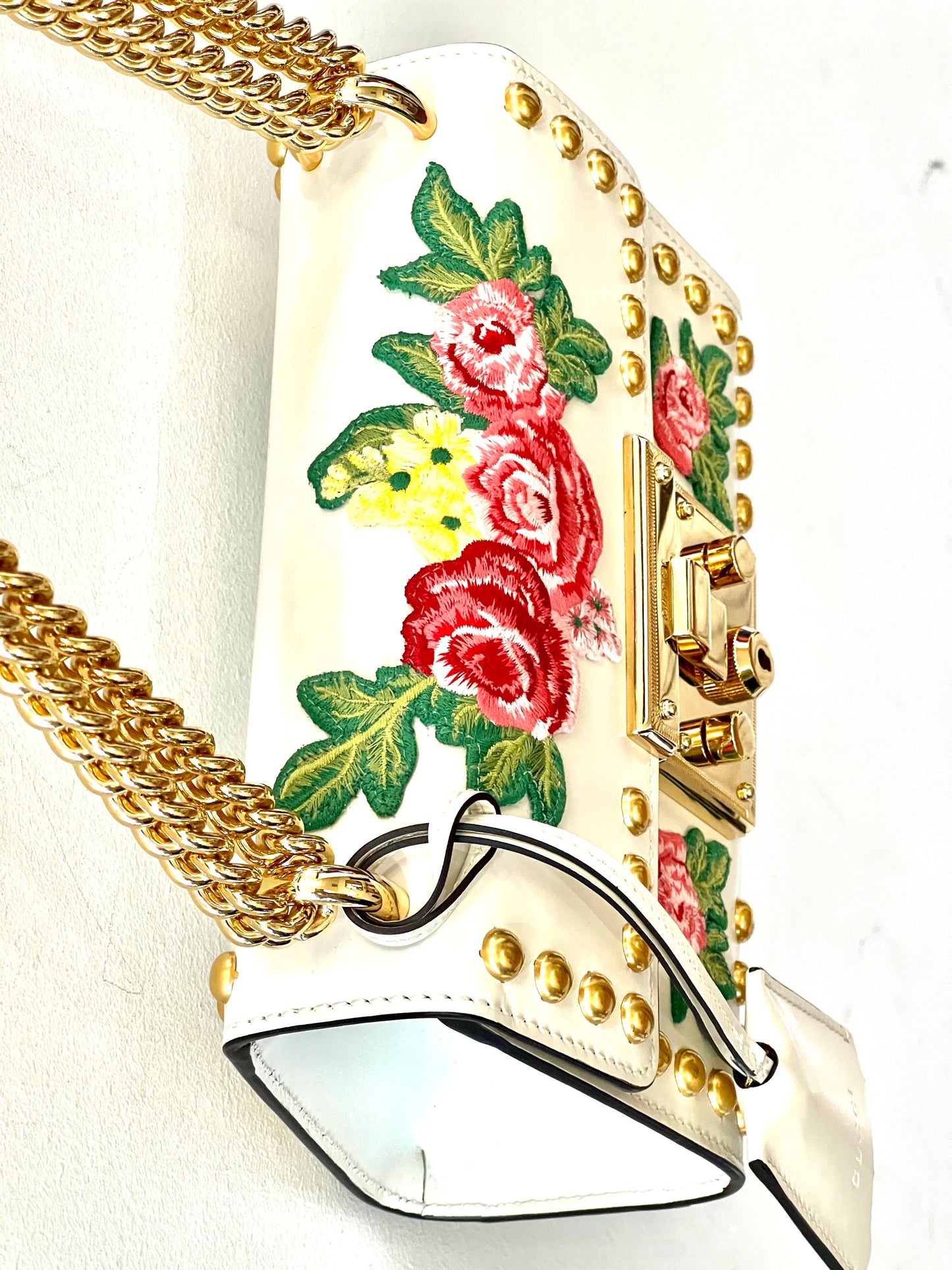 GUCCI CALFSKIN FLORAL EMBROIDERED SMALL PADLOCK SHOULDER BAG