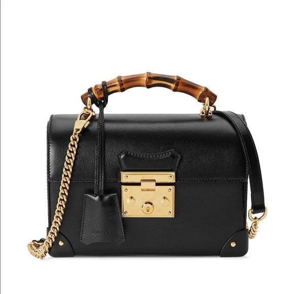 GUCCI CALFSKIN LEATHER SMALL BAMBOO PADLOCK CHAIN BAG