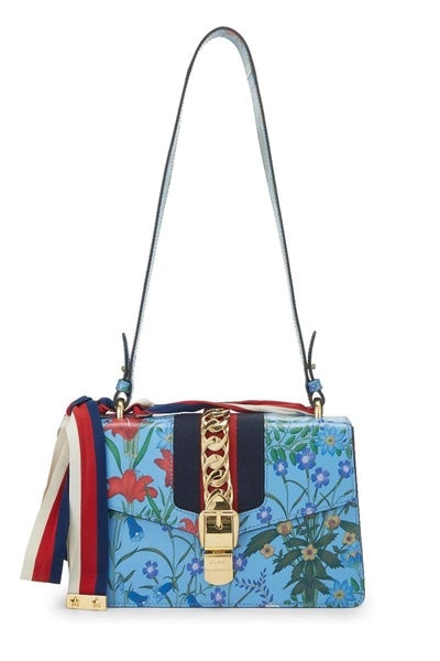 GUCCI SYLVIE BLUE AZURE FLORA CALFSKIN LEATHER SHOULDER BAG
