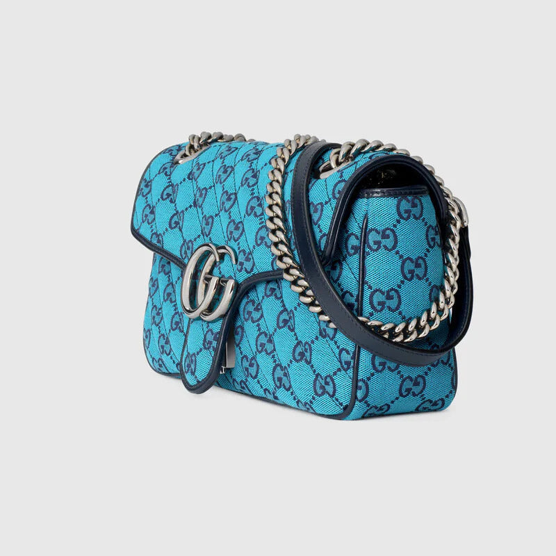GUCCI GG MARMONT MATELASSE BLUE PRINTED CANVAS SHOULDER BAG