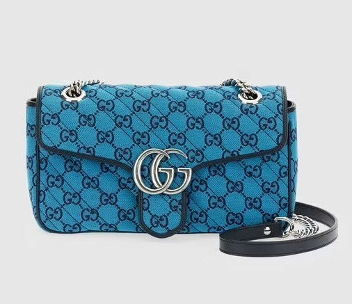 GUCCI GG MARMONT MATELASSE BLUE PRINTED CANVAS SHOULDER BAG