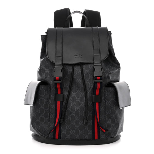 GUCCI GG SUPREME MONOGRAM CALFSKIN WEB DOUBLE BUCKLE BACKPACK