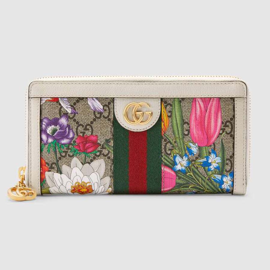 GUCCI GG SUPREME MONOGRAM FLORA OPHIDIA ZIP AROUND CONTINENTAL WALLET