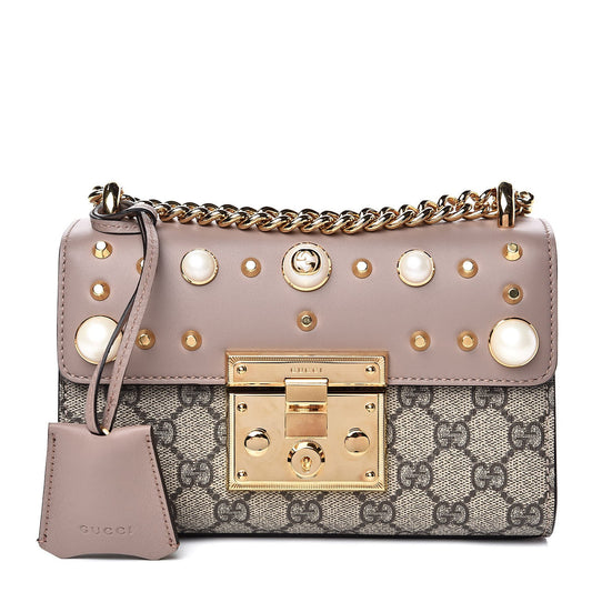 GUCCI GG SUPREME MONOGRAM STUDDED SMALL PADLOCK SHOULDER BAG