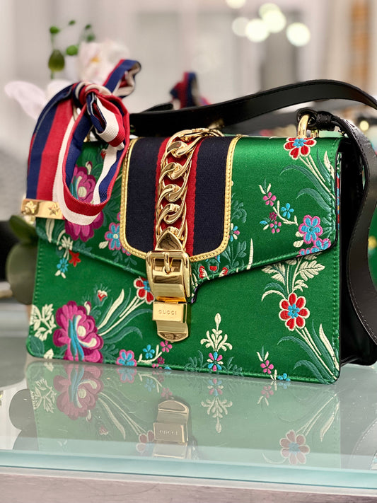 GUCCI GREEN FLORAL JACQUARD SMALL SYLVIE BAG-HS