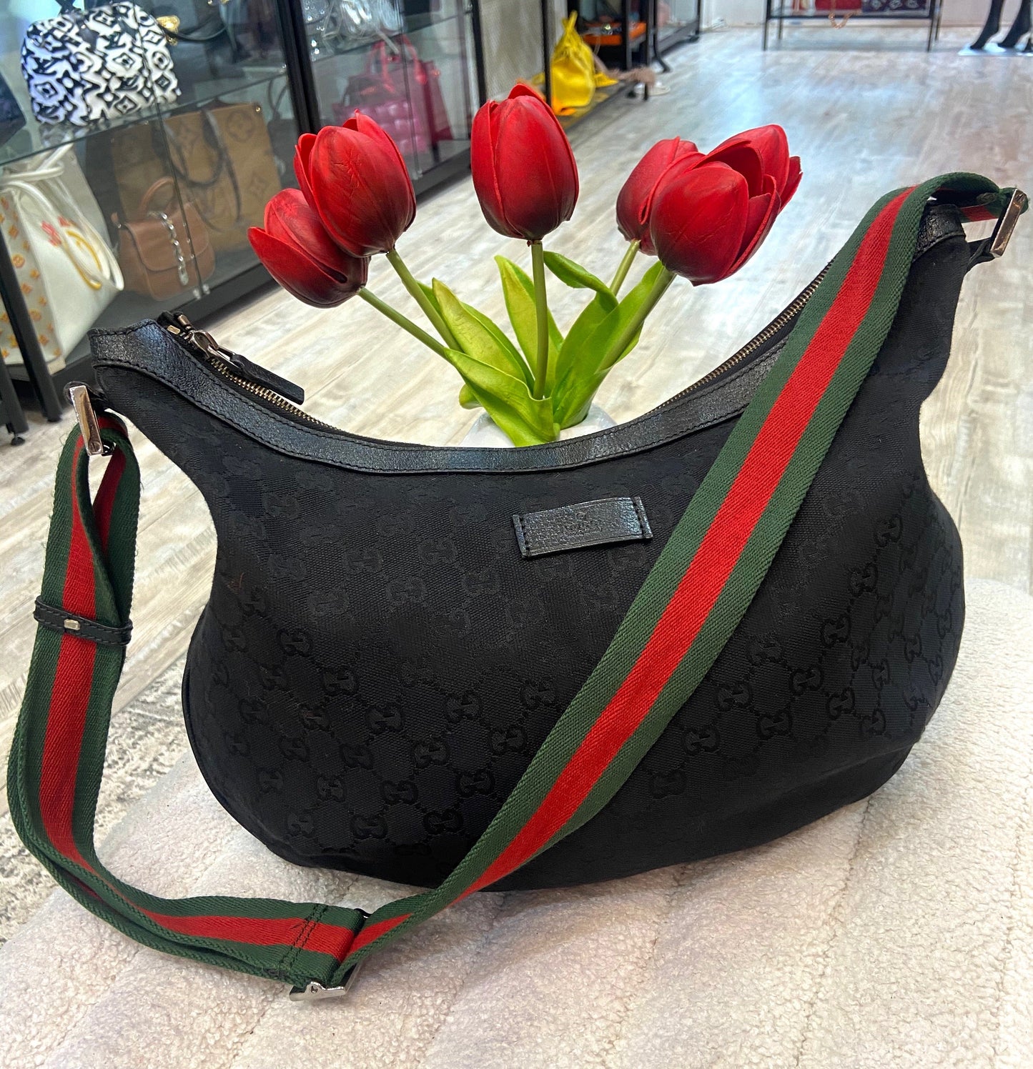 GUCCI GG MONOGRAM WEB HALF MOON HOBO BAG