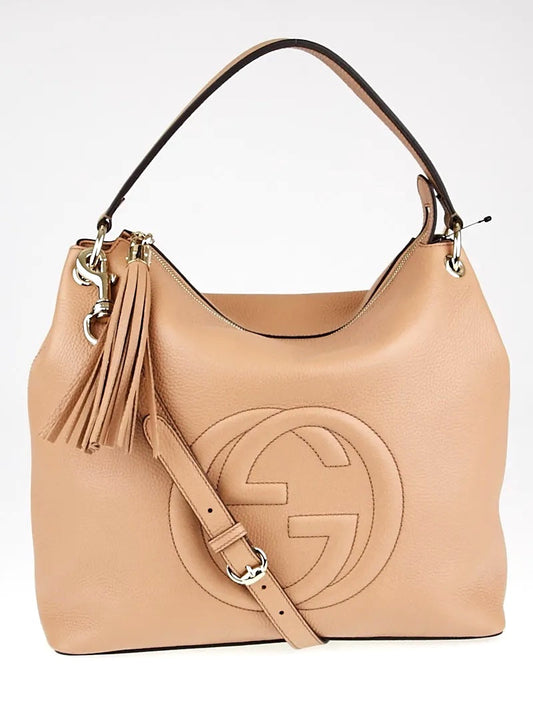 GUCCI PEBBLED CALFSKIN LEATHER CAMELIA TWO WAY LARGE SOHO BAG
