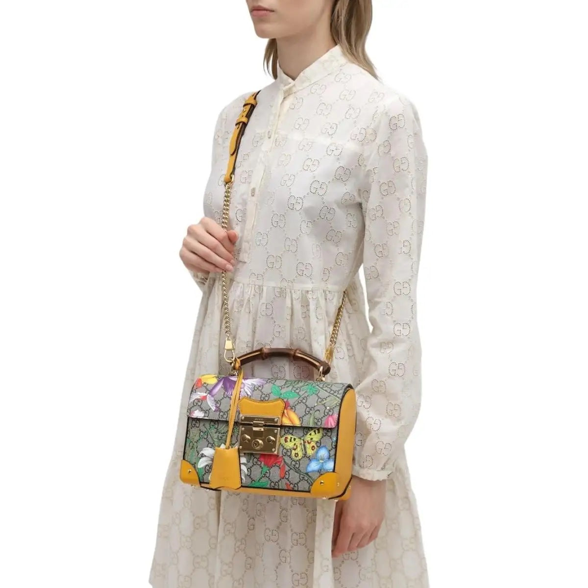 GUCCI GG SUPREME MONOGRAM FLORA BAMBOO PADLOCK BAG