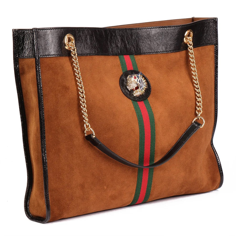 GUCCI BROWN SUEDE TIGER WEB RAJAH LARGE TOTE BAG